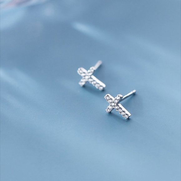 Simple Small Tiny Cross Stud Earrings 0.8 x 1.0cm with Cubic Zirconia - Picture 2 of 7